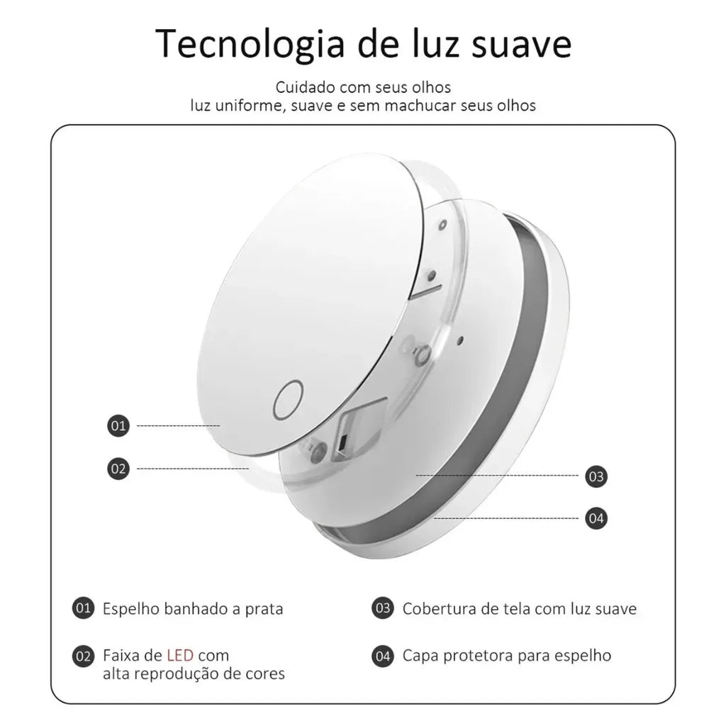 Espelho LED Dobrável – Iluminação e Aumento para Detalhes Para Maquiagem